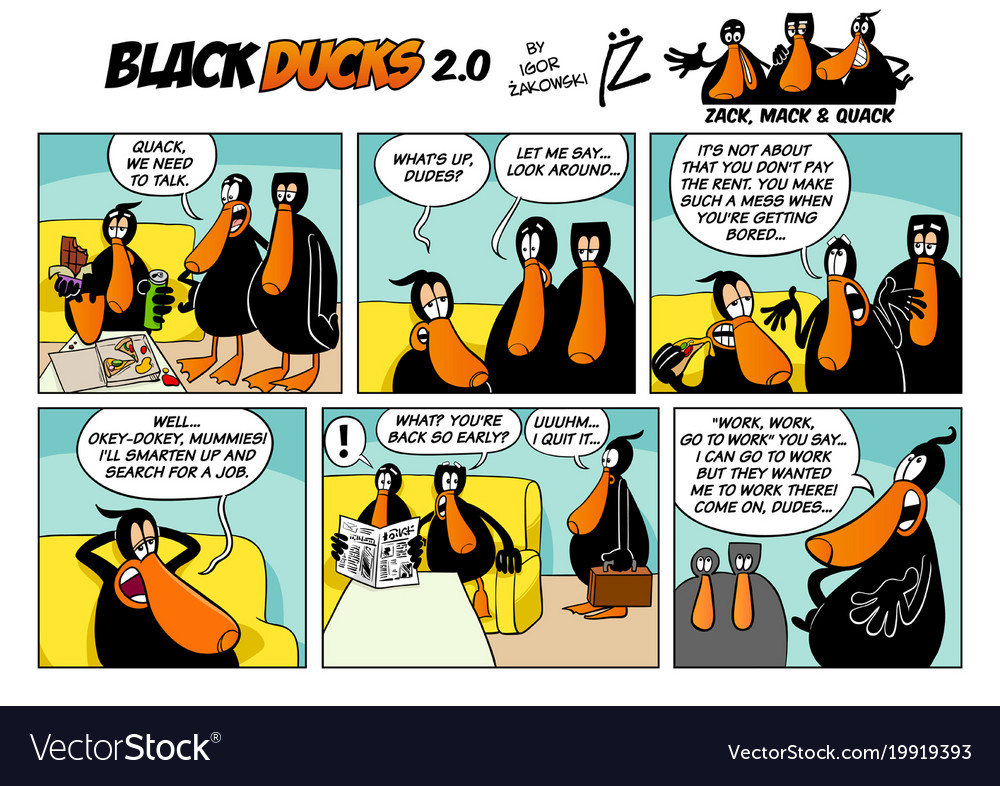 Black ducks cartoon comic strip 2 episode 1 Vector Image