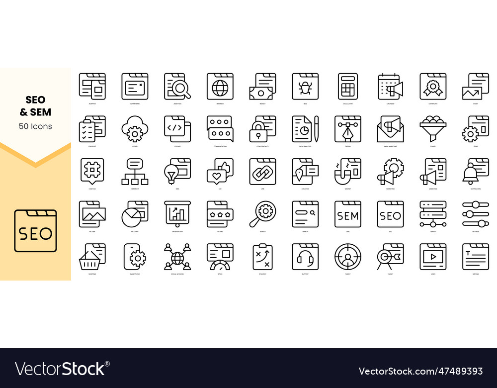 Set of seo and sem icons simple line art style Vector Image Set of seo and sem icons simple line art style