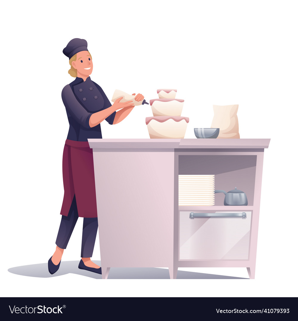 Woman cooking cake decorating with cream vector image Woman cooking cake decorating with cream