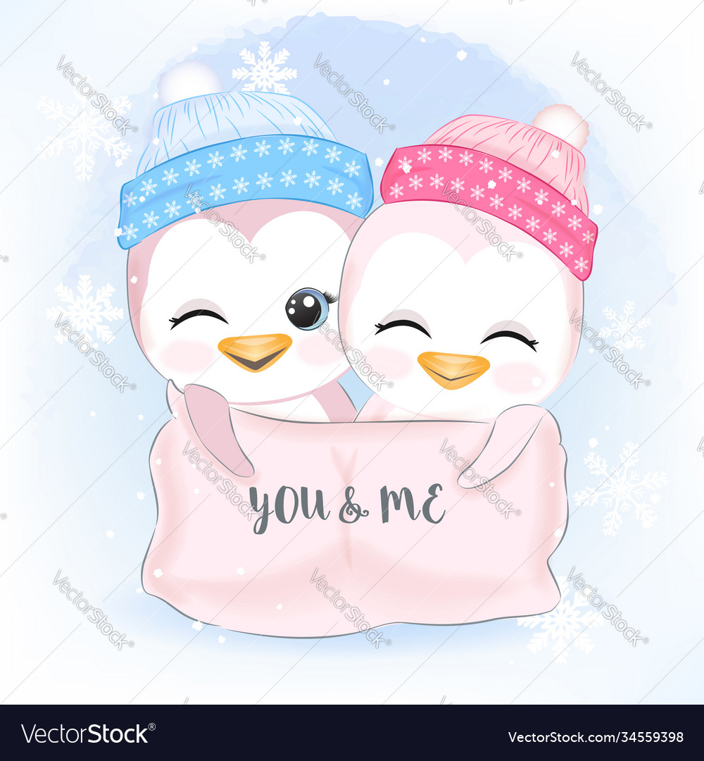 Cute couple penguin with wreath christmas