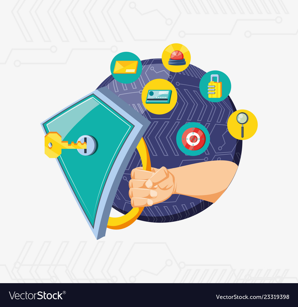 Hand with shield and set icons cyber security