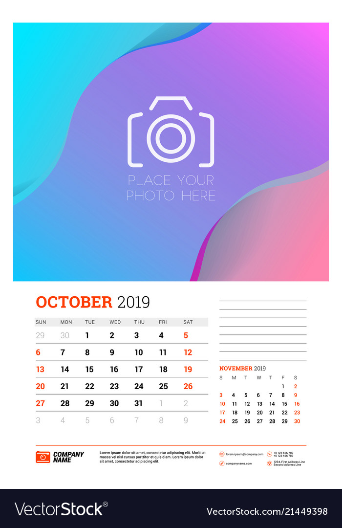 Wall calendar planner template for october 2019