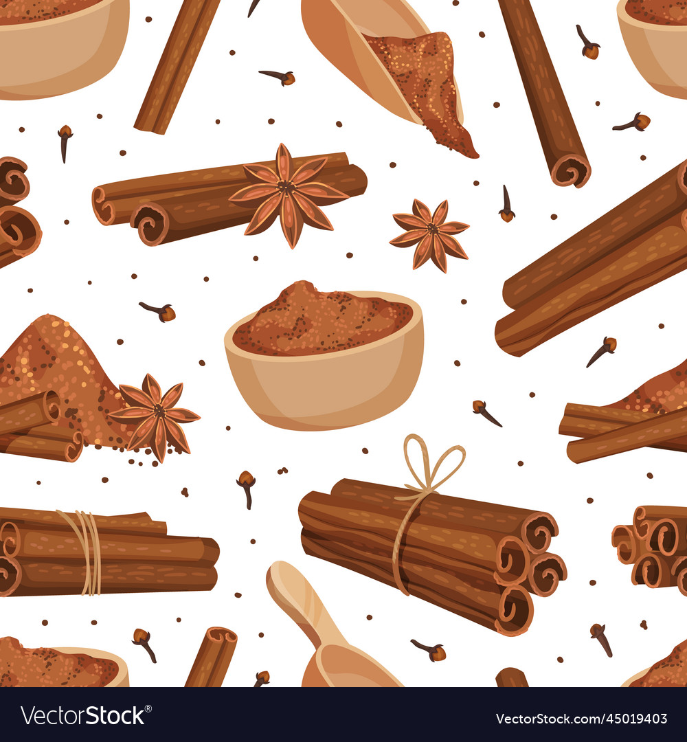 Cinnamon seamless pattern design with aromatic vector image Cinnamon seamless pattern design with aromatic