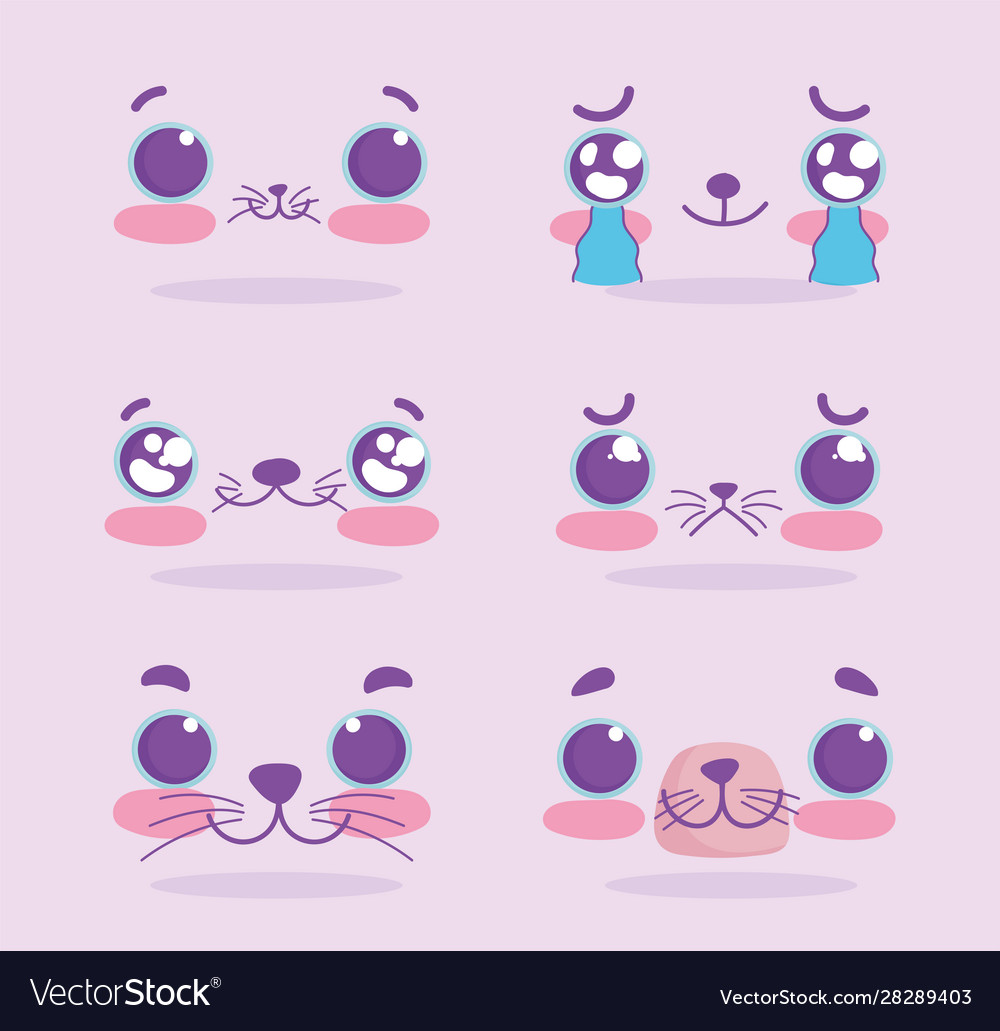 Kawaii Cute Cat Face with Ears. Positive Emotions. Cartoon Vector