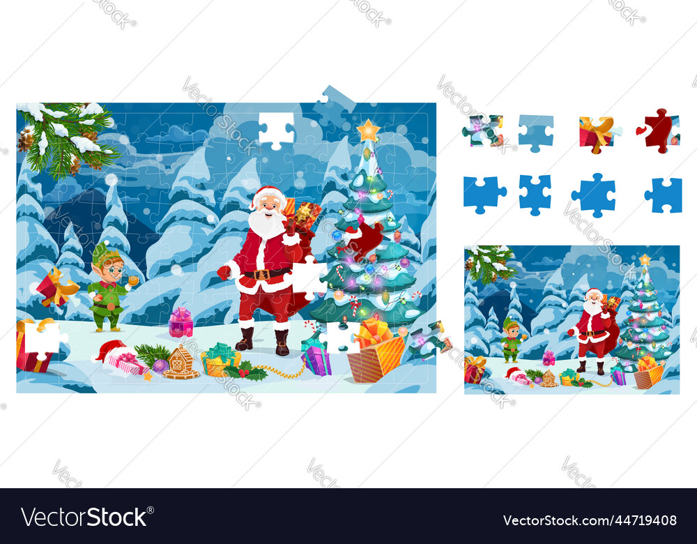 Christmas jigsaw puzzle game santa gnome gifts Vector Image