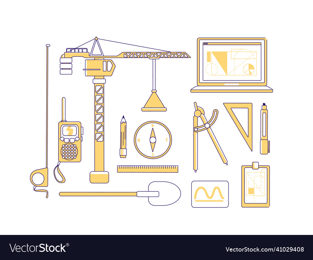 Construction items yellow linear objects set vector image Construction items yellow linear objects set