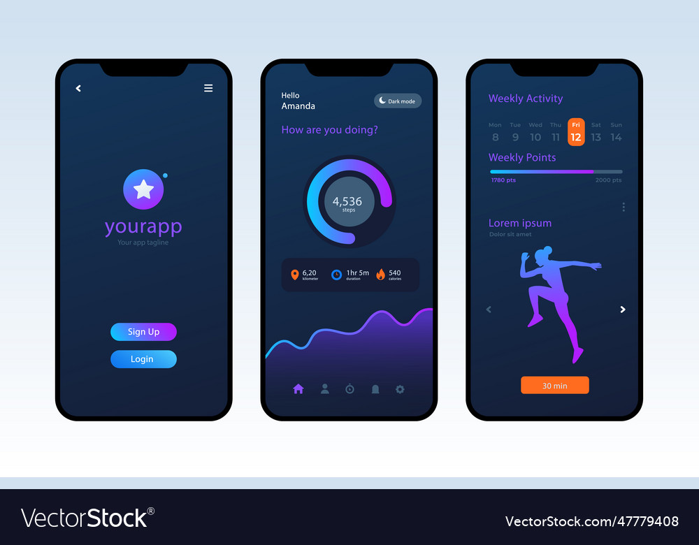 Gradient dark mode app template vector image Gradient dark mode app template