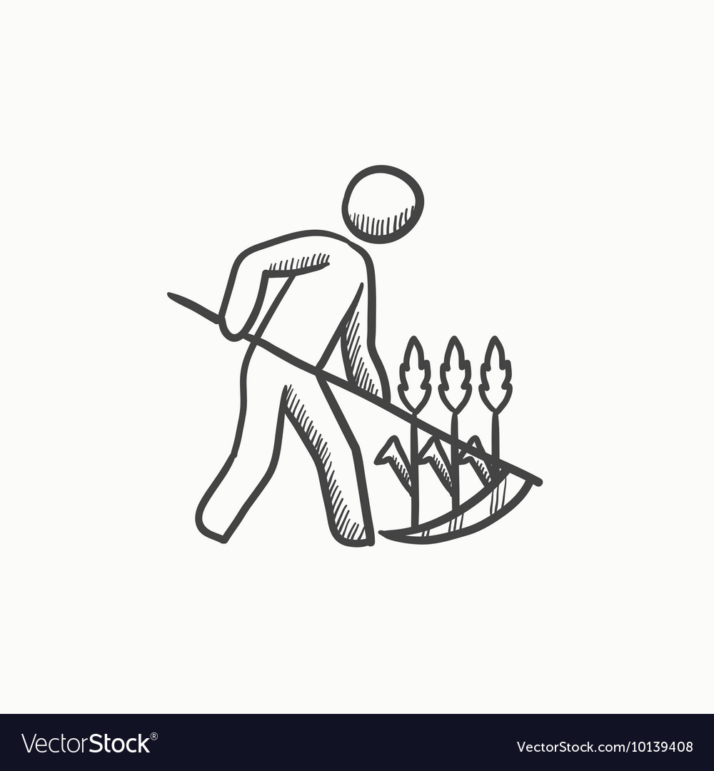 Man mowing grass with scythe sketch icon