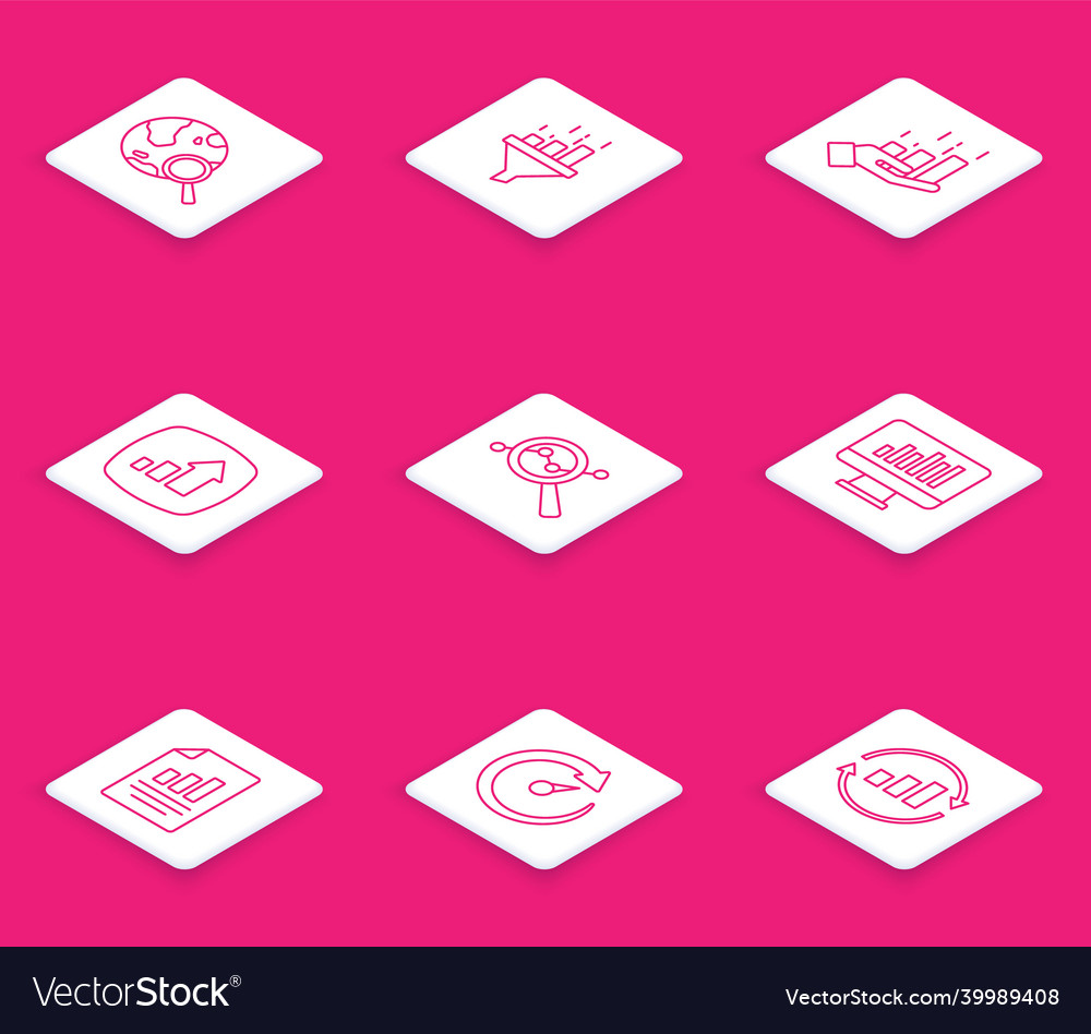 Set line search globe sales funnel with chart vector image Set line search globe sales funnel with chart