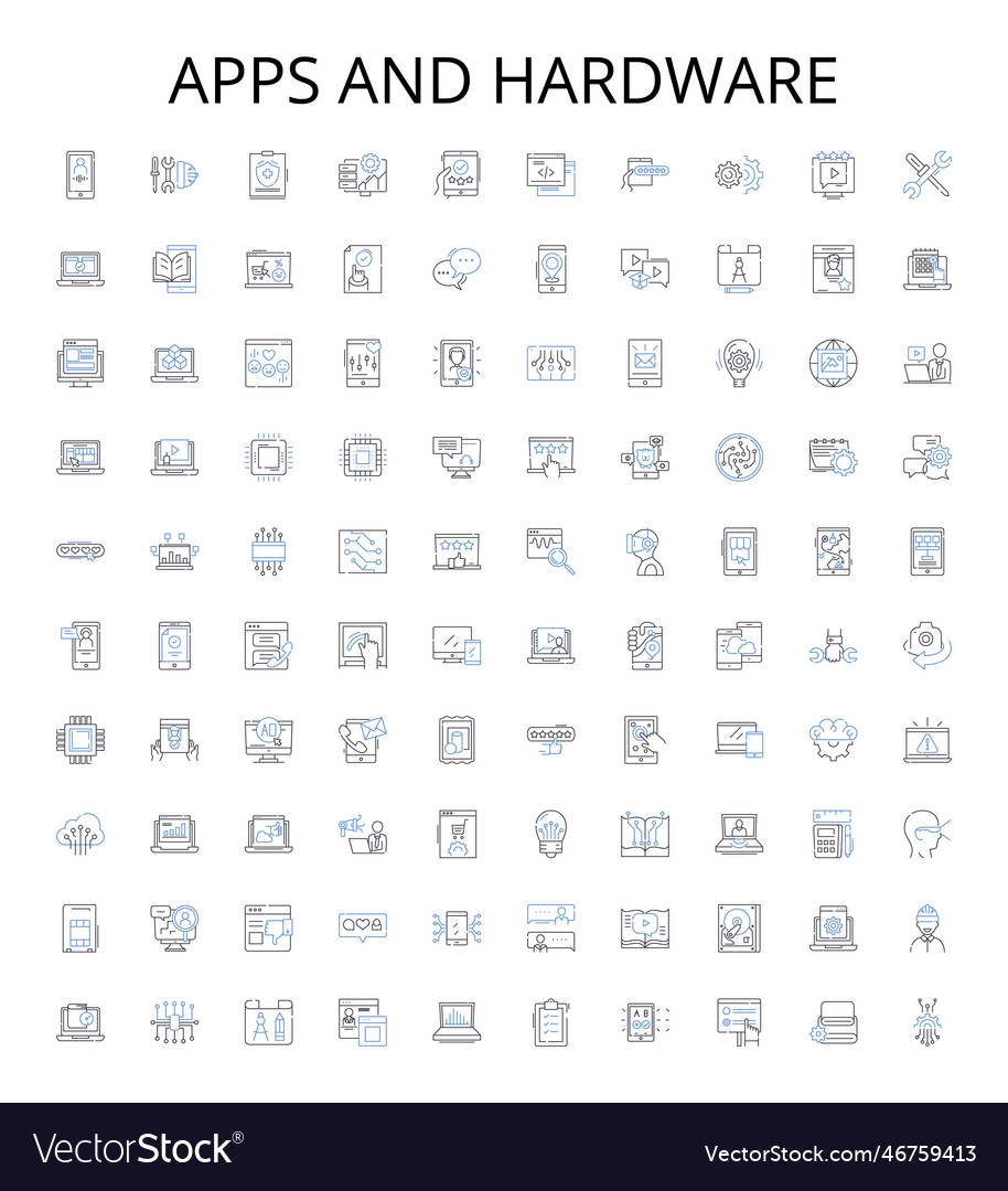 Apps and hardware outline icons collection app vector image Apps and hardware outline icons collection app