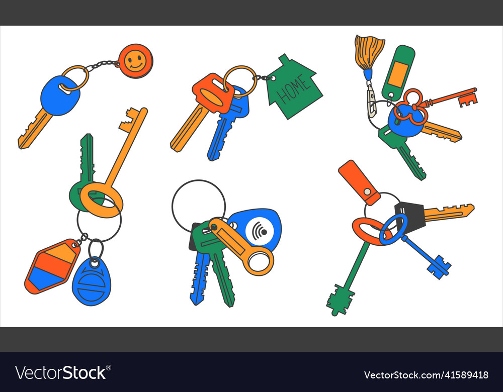 Keychains doodle key rings and pendants colorful Vector Image