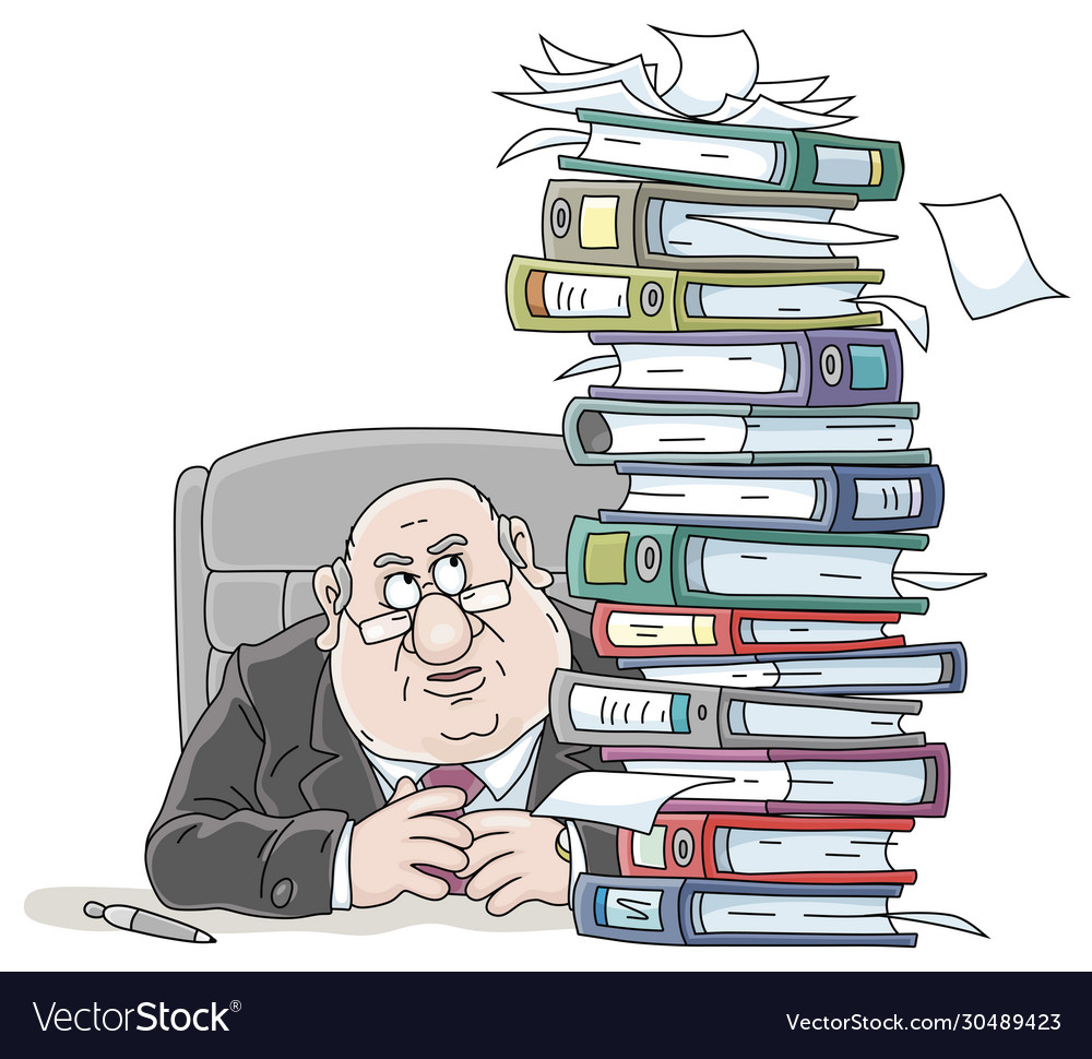 Angry fat clerk with a heap documents in folder Vector Image Angry fat clerk with a heap documents in folder