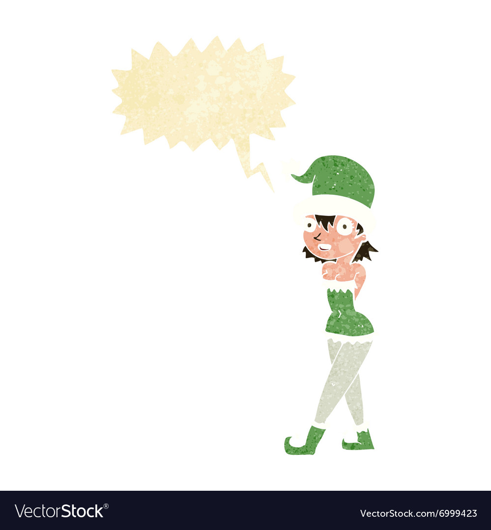 Cartoon woman in christmas elf costume with speech