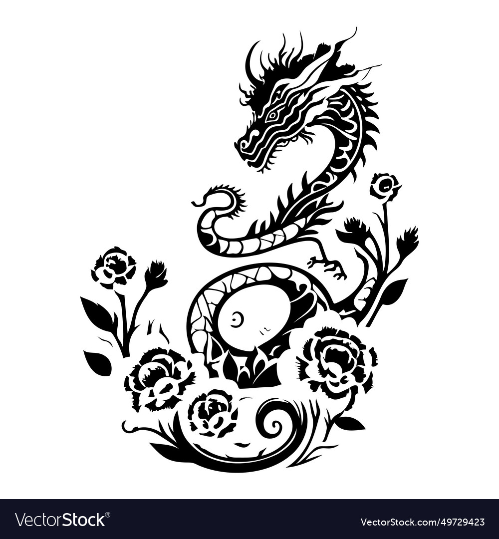 Chinese dragon flower sketch hand draw vector image Chinese dragon flower sketch hand draw