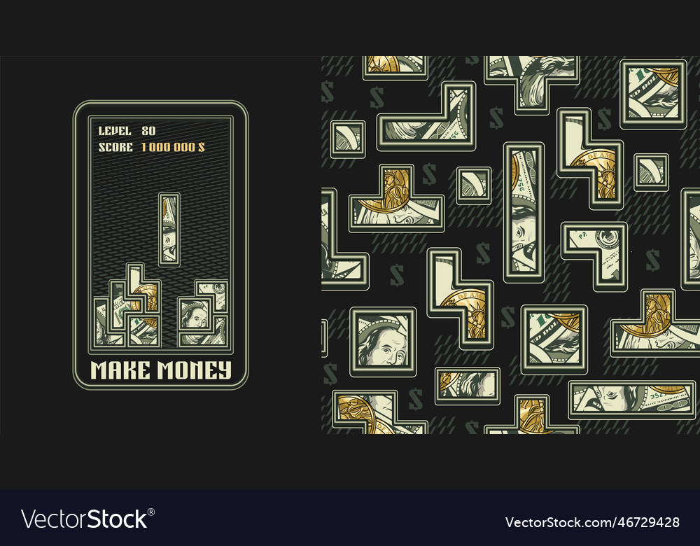 Money label and pattern with block computer game vector image Money label and pattern with block computer game