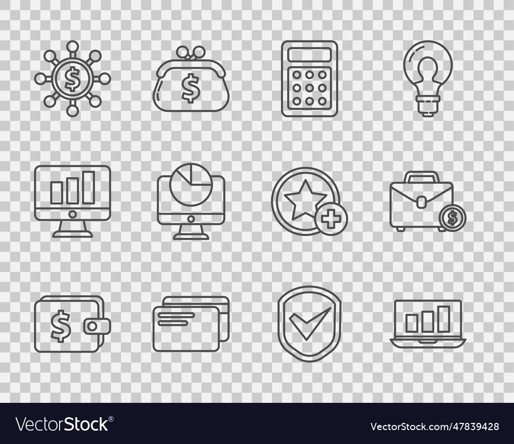 Set line wallet with dollar laptop graph chart