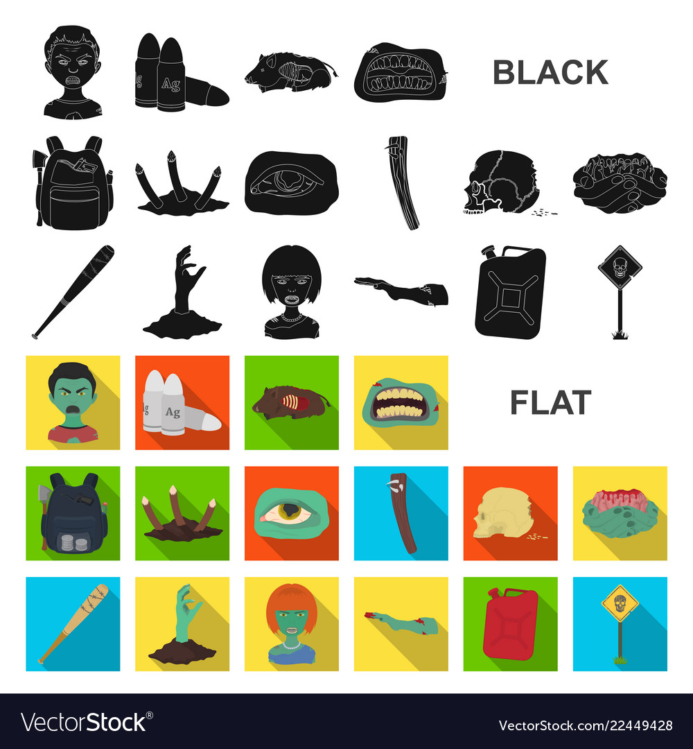 Zombies and attributes flat icons in set Vector Image Zombies and attributes flat icons in set