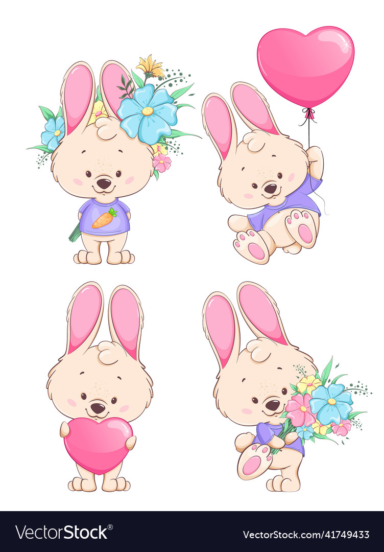 Cute bunny cartoon character set of four poses