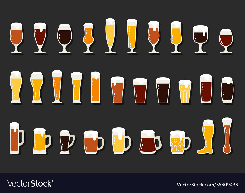 Icons set beer with foam in mugs and glasses Vector Image