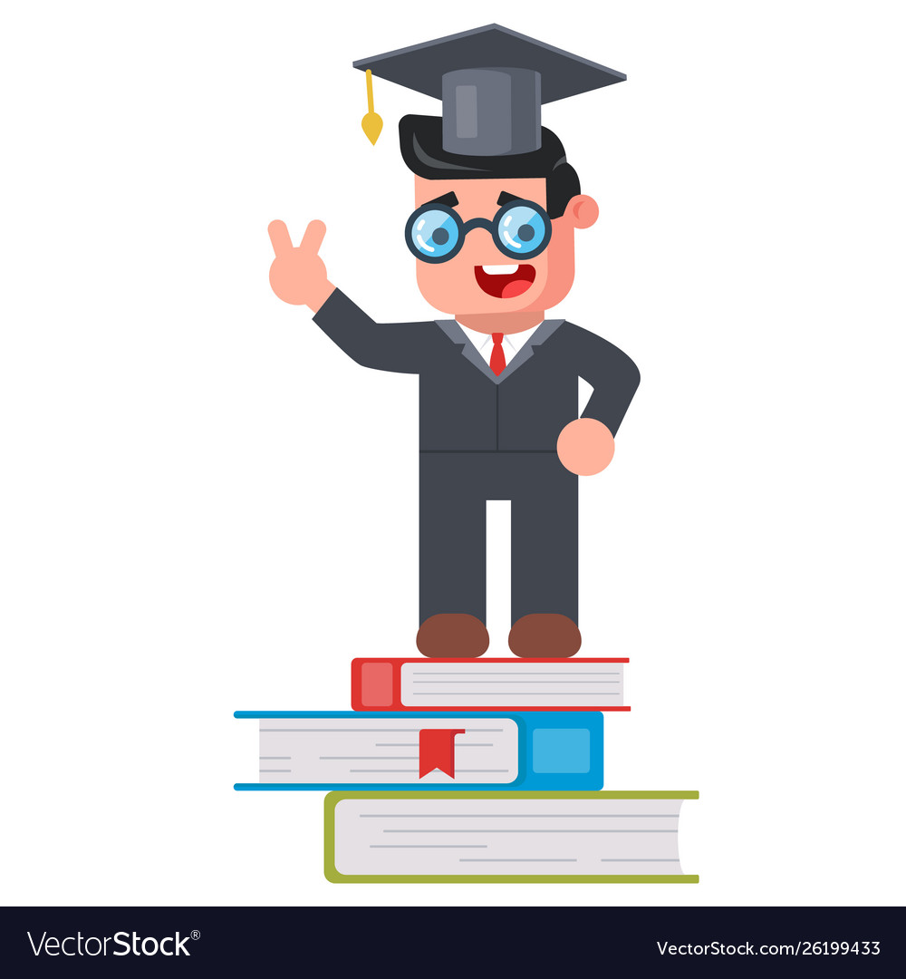 Joy man with glasses and a cap stands on big books