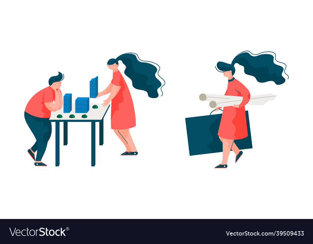 Man and woman architect at table designing project