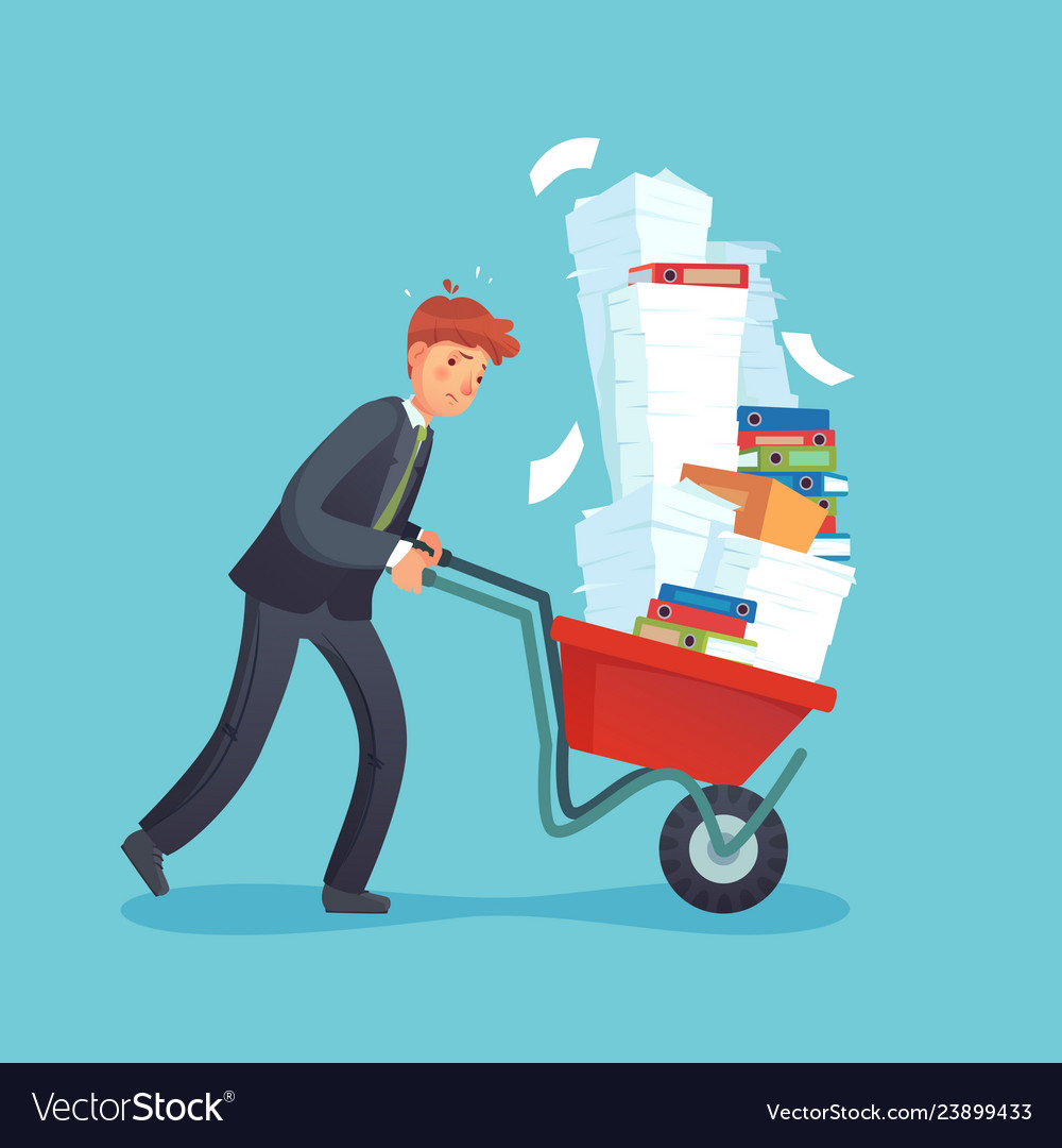 Paper work cart overworked office worker Vector Image