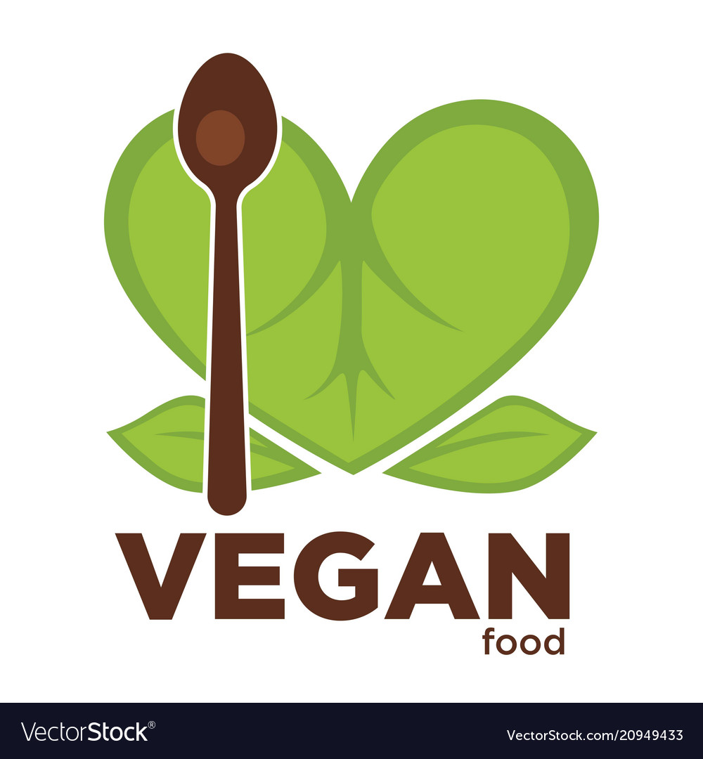 Vegan food promo logo with green leaves and spoon Vector Image