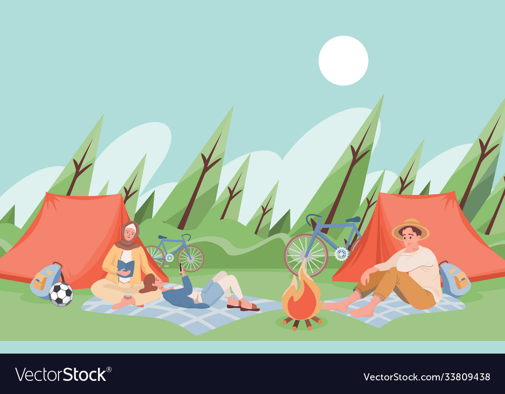 Friends at summer camping spending time together Vector Image