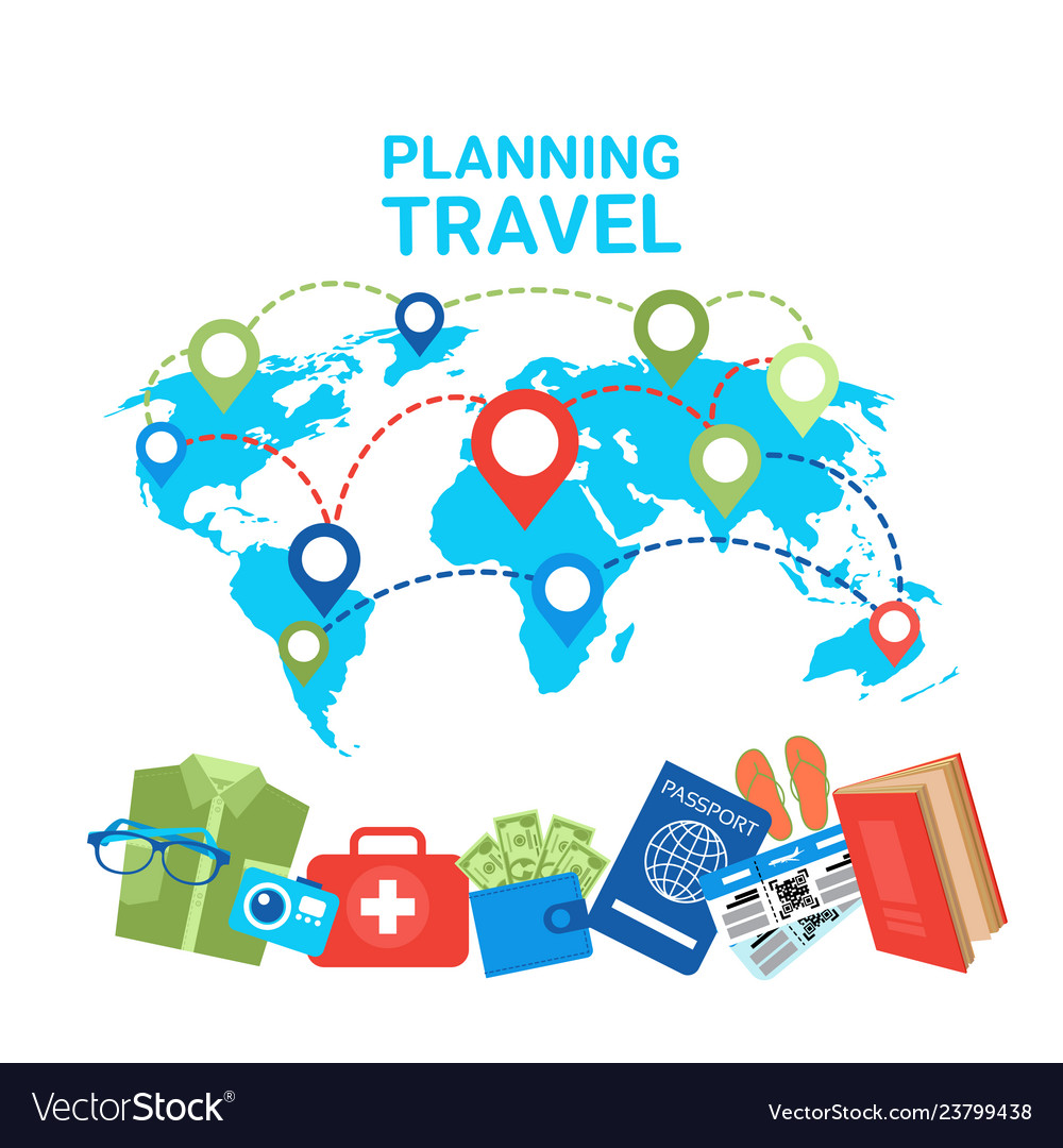 Planning travel concept pointers on world map vector image Planning travel concept pointers on world map