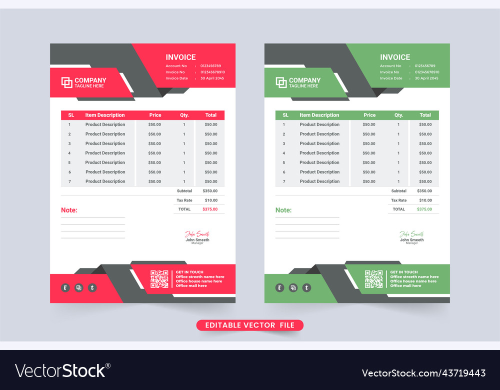 Minimal invoice template with red and green