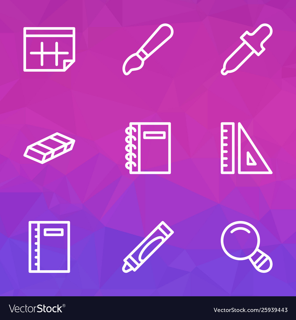 Stationery icons line style set with notebook vector image Stationery icons line style set with notebook