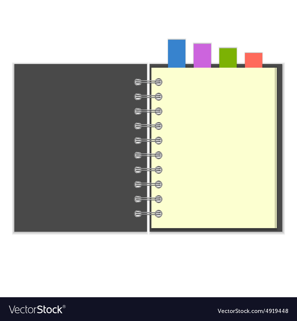 Blank grey notebook with colorful bookmarks