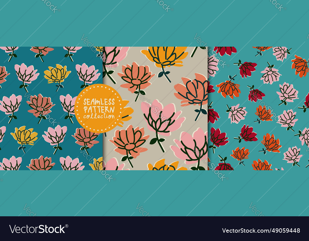 Bright set of seamless patterns with flowers