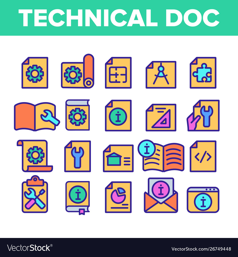 Color technical documentation thin line icons set vector image Color technical documentation thin line icons set