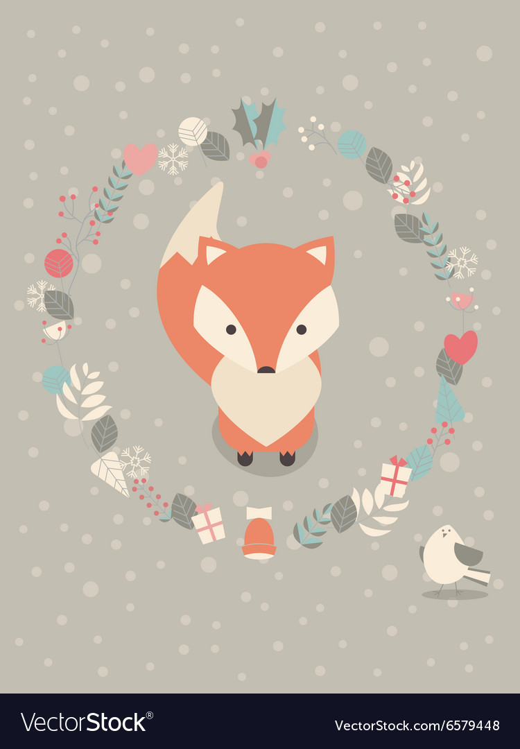 Cute christmas baby fox with floral decoration Vector Image