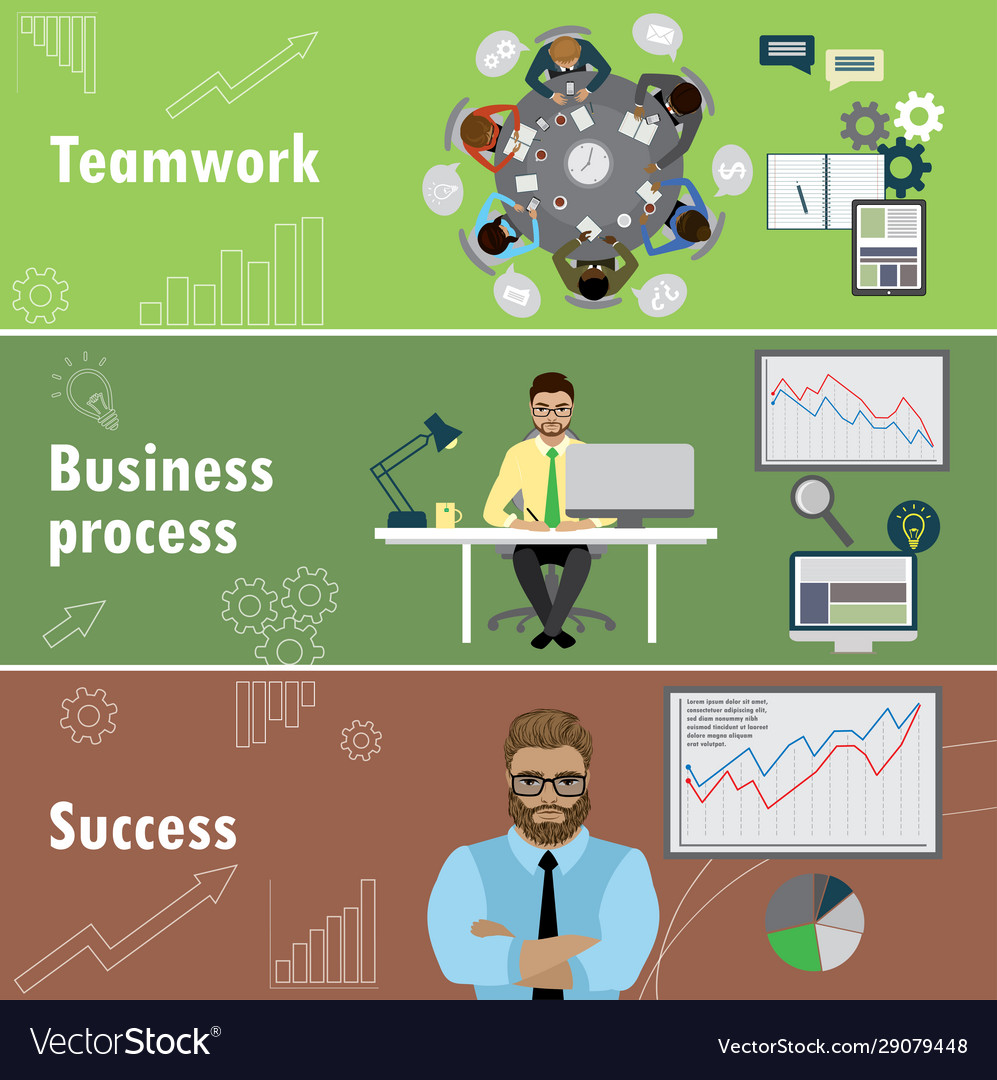 Flat banner set with teamwork business process