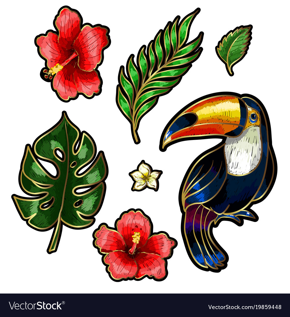 Toucan and tropical flowers leaves embroidery