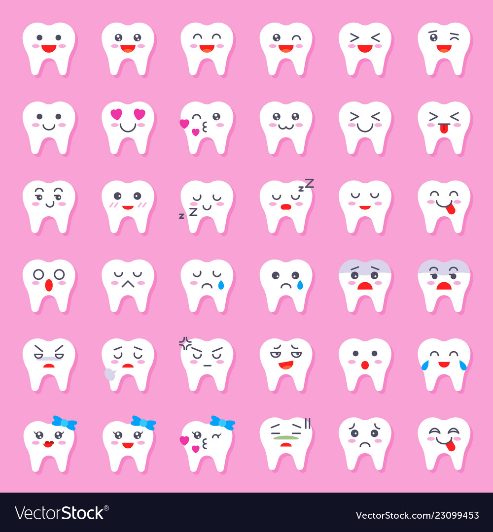 Cute tooth cartoon emoticon set flat style