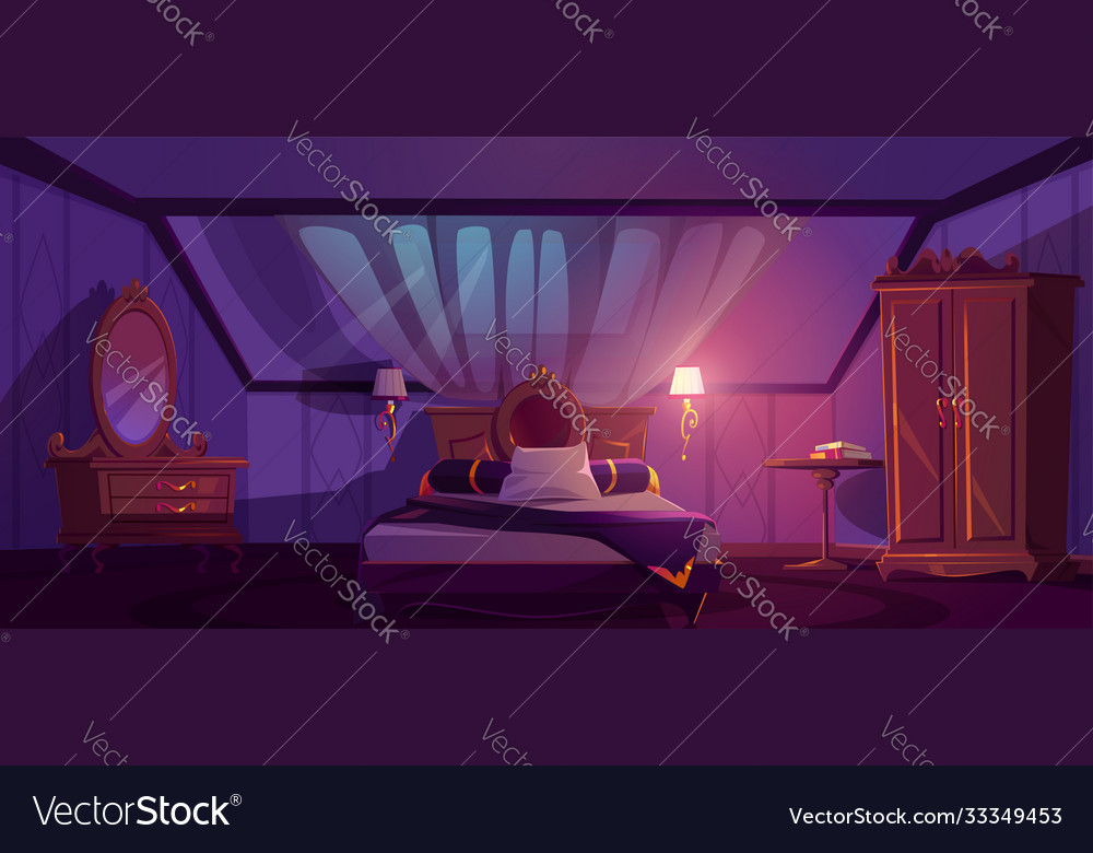 Luxury bedroom interior on attic at night Vector Image