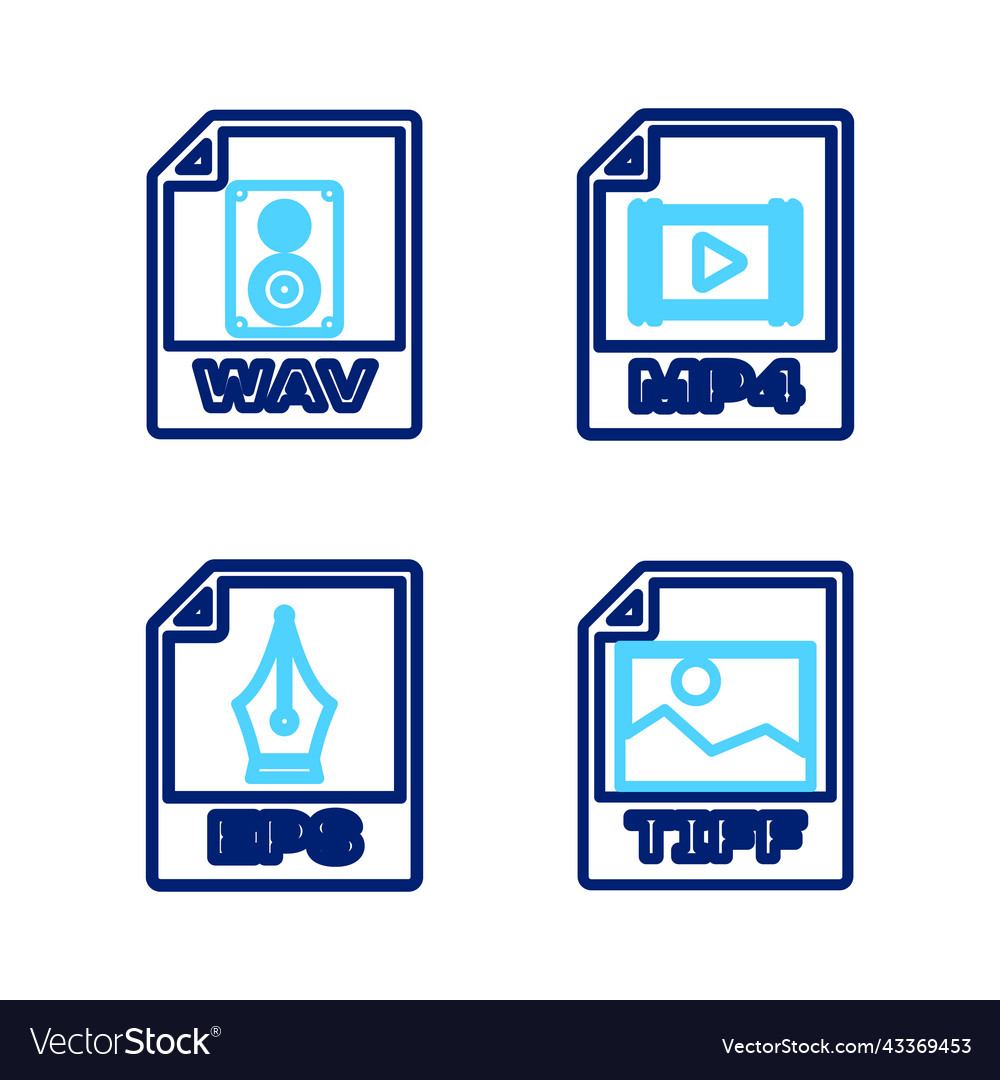 Set line tiff file document eps mp4 and wav icon vector image Set line tiff file document eps mp4 and wav icon