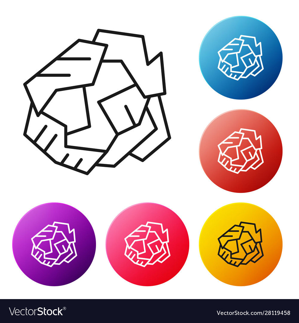 Black line crumpled paper ball icon isolated