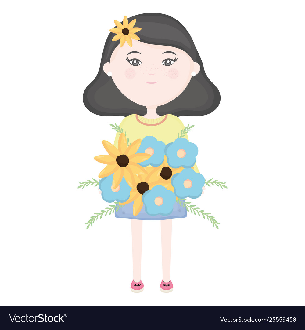 Cute Girl With Floral Bouquet And Flower In Hair Vector Image