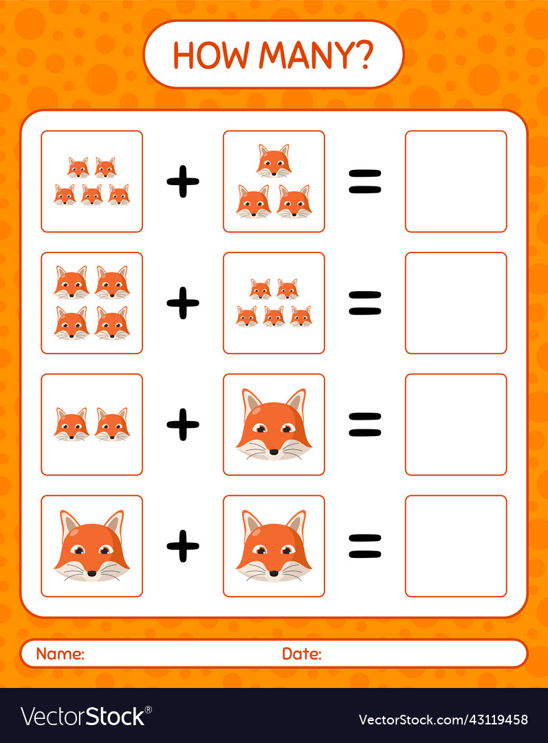 How many counting game with red fox worksheet vector image How many counting game with red fox worksheet