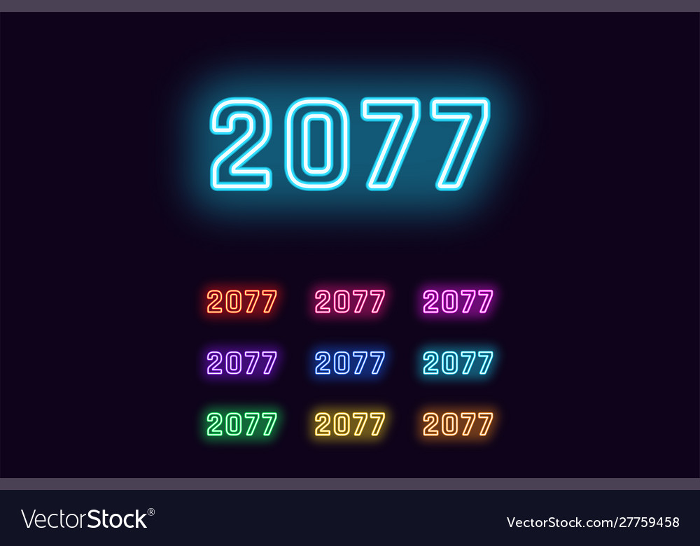 Neon number 2077 cyberpunk digits in different