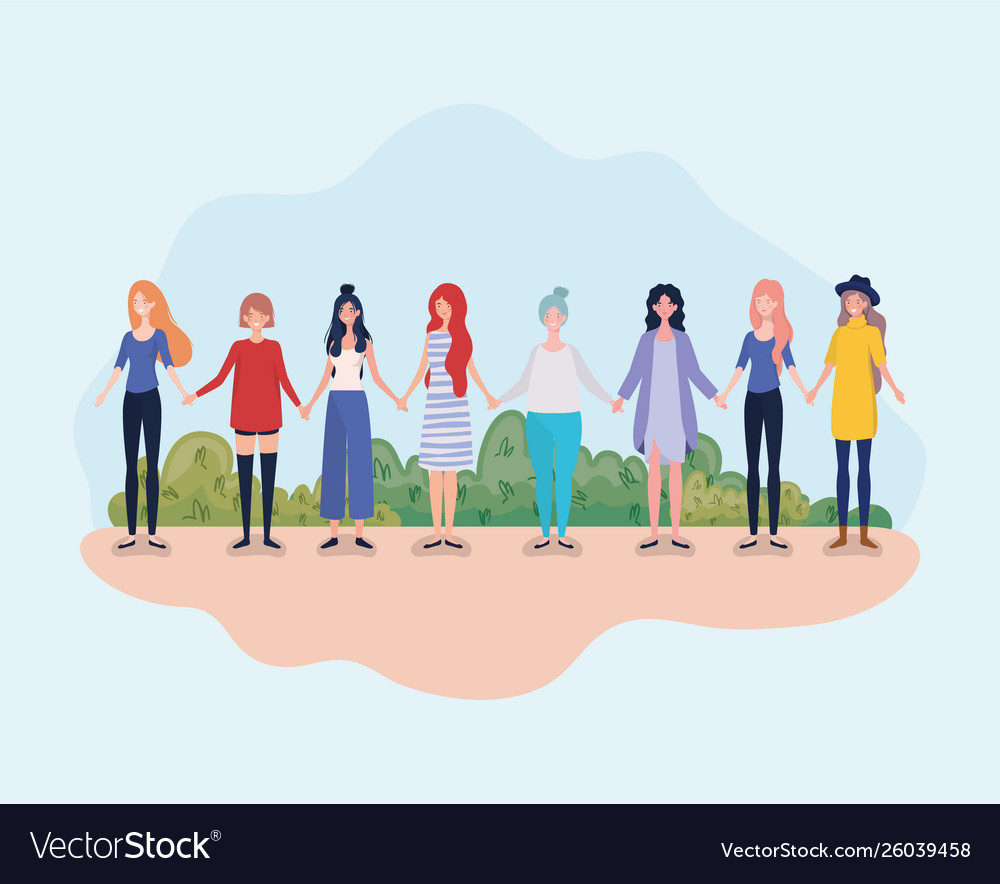 Young women group standing in camp
