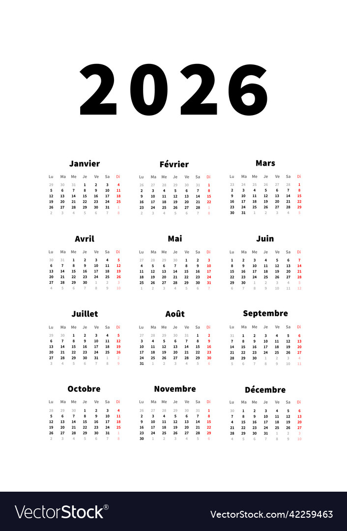 2026 year simple vertical calendar in french Vector Image