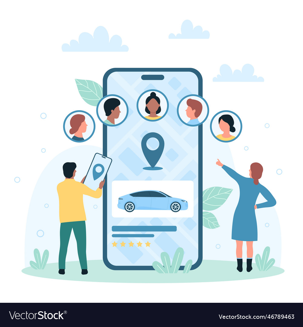 Share car tiny man with mobile phone using vector image Share car tiny man with mobile phone using