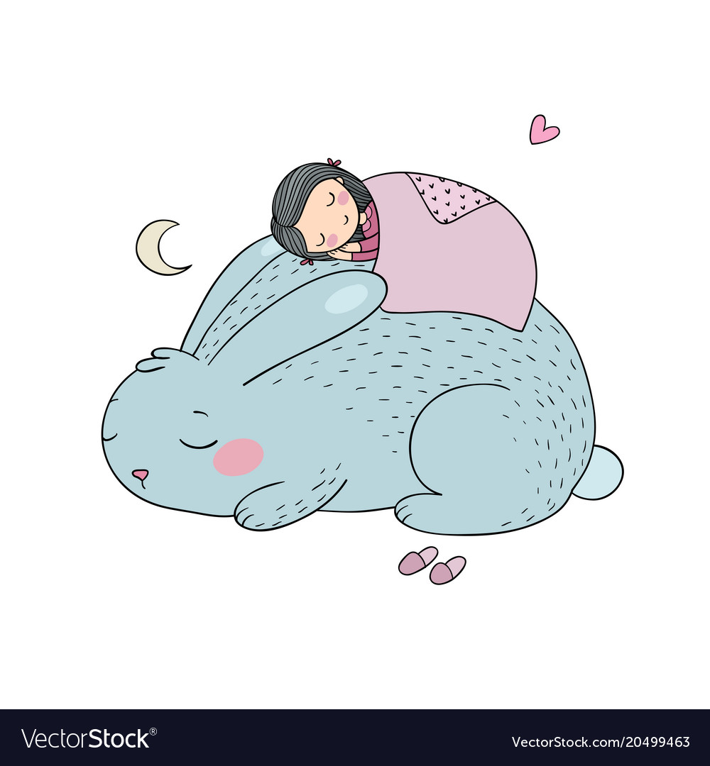 Sleeping cartoon girl and bunny