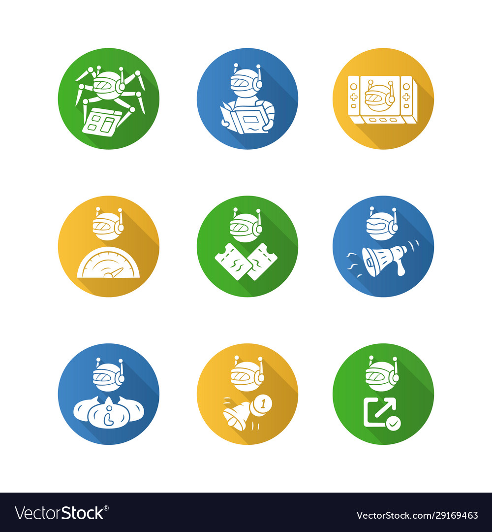 Web robots flat design long shadow glyph icons