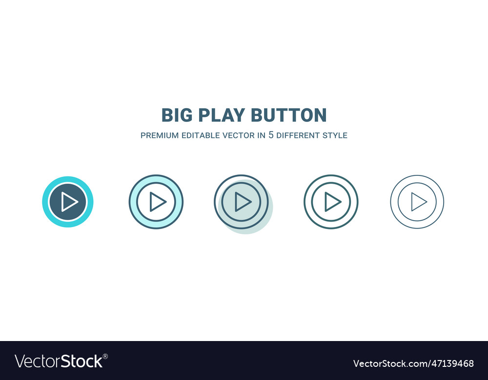 Big play button icon in 5 different style outline vector image Big play button icon in 5 different style outline